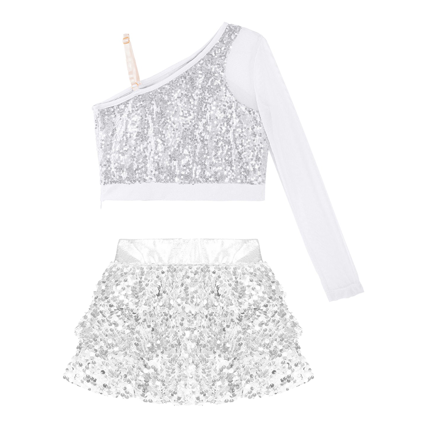 Kids Girls Dance Dresses Latin Jazz Modern Dance Show Costume Sequin Long Sleeve Crop Tops and Skirted Culottes Cheer Dancewear