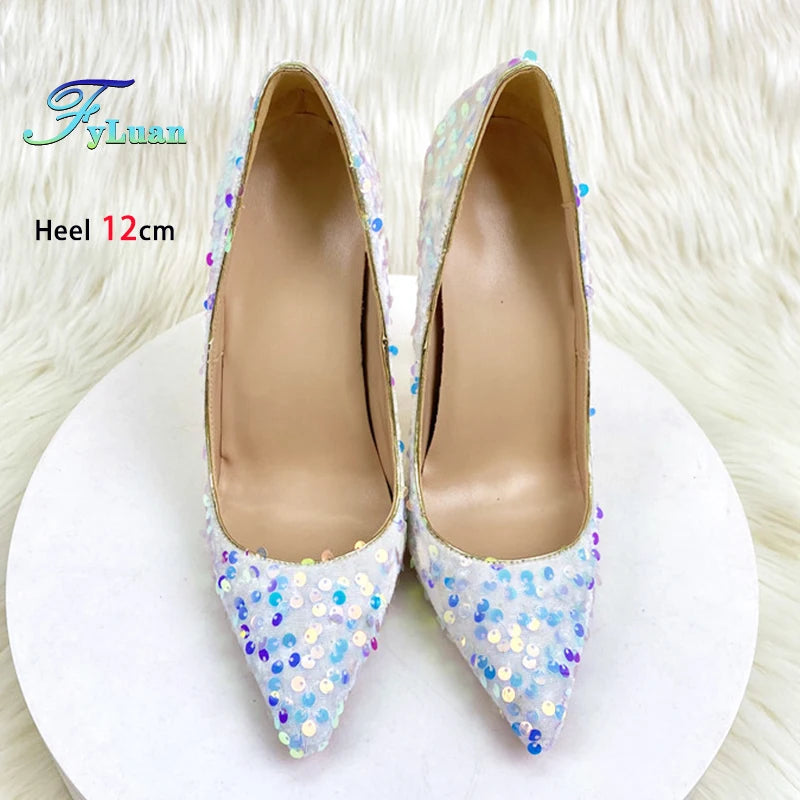 Women Wedding High Heels Fashion Pointed Toe 8CM 10CM 12CM Blingbling Party Dress Shoes Plus Size 45 Glitter Sequis Woman Pumps