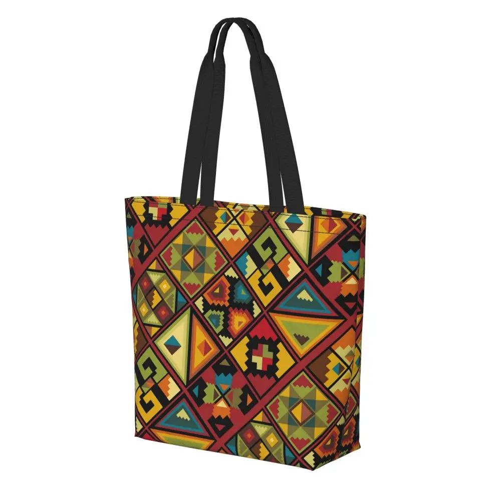 African Ankara Prints Grocery Shopping Tote Bags Women Geometric Ethnic Art Canvas Shoulder Shopper Bags Big Capacity Handbag
