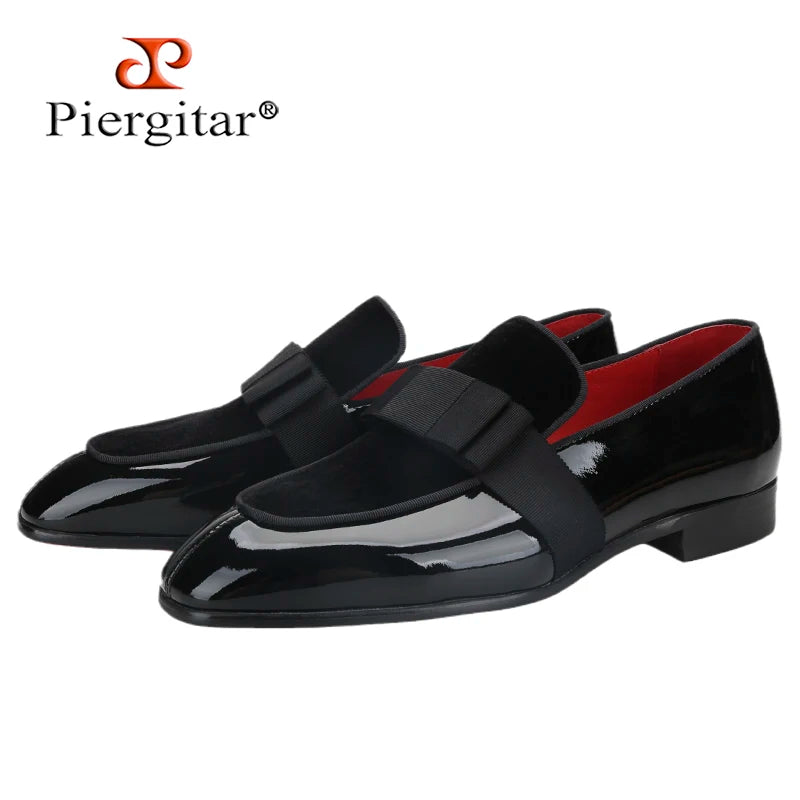 Black Patent Calfskin And Velvet Hand Stitching Men’s Dress Shoe With Grosgrain Ribbon Bow Adorns CL Brand Couture Loafer