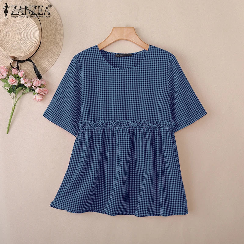 2025 ZANZEA Women Plaid Checked Blouse Summer Casual O Neck Short Sleeve Blusas Loose Tops Stylish Ruffled Work Shirt Oversize