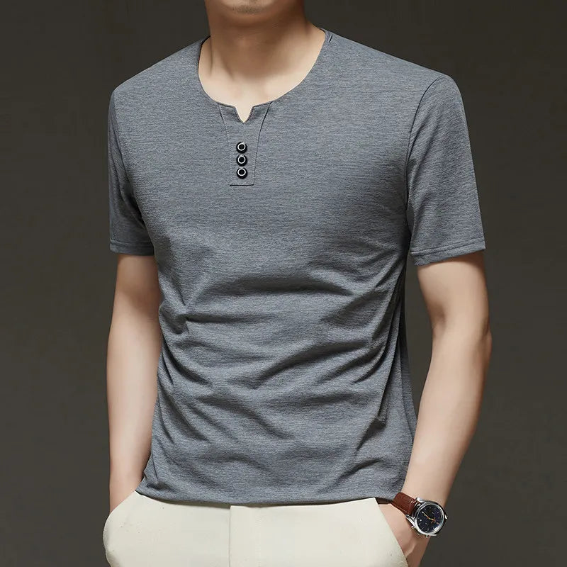2025 New Men's Business Casual Three Button V-neck Short Sleeved T-shirt Korean Style Summer Comfortable Versatile Top