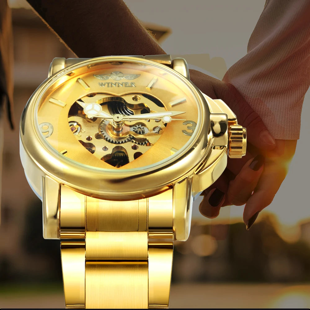 WINNER Fashion Elegant Ladies Watches Top Brand Luxury Skeleton Gold Automatic Mechanical Watch for Women Stainless Steel Strap