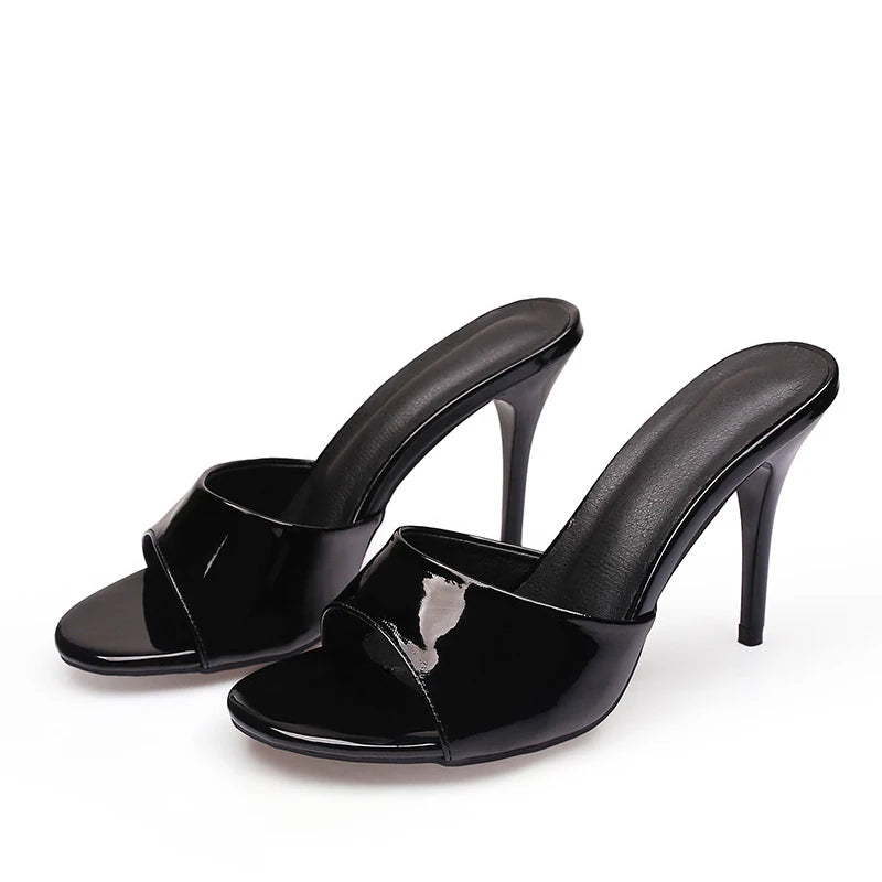Liyke Black Patent Leather Women Slippers Sandal Fashion Round Open Toe Mules High Heels Slides Summer Party Dress Shoes Size 43