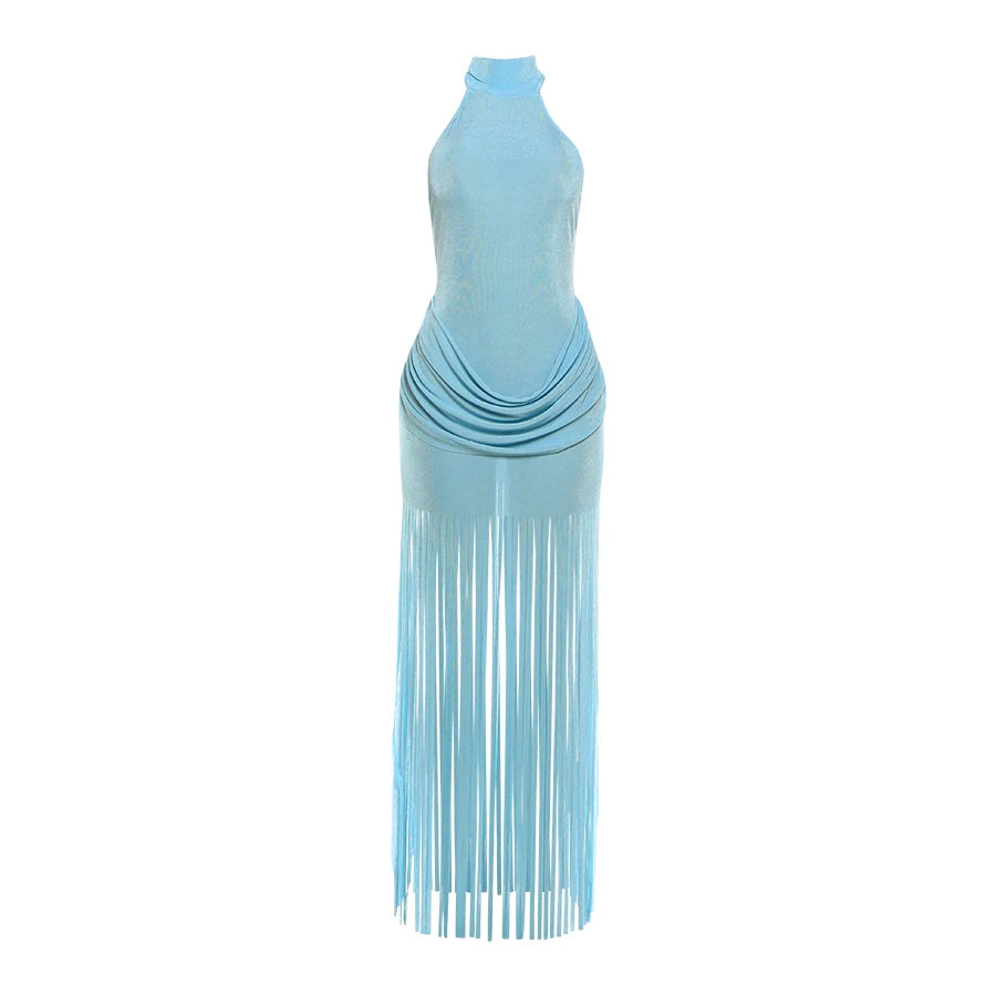 Weird Puss Velvet Halter Dress Women Ruched Patchwork Tassel Hem Backless Bodycon
