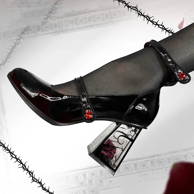 Punk Gothic High Heels Pumps Woman Ankle Straps Black Mary Jane Shoes Women 2025 New Rose Heeled Patent Leather Lolita Shoes