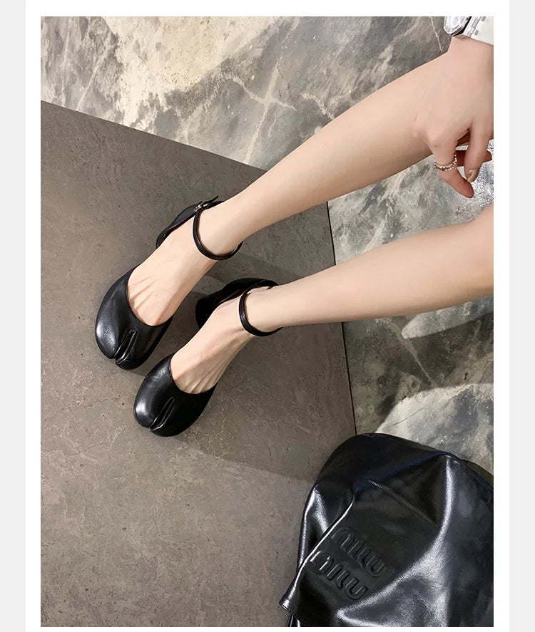 Brand Designer Tabi ninja high heels shoes woman ankle strap silver crack leather pumps split toe D'orsay mary janes shoes woman