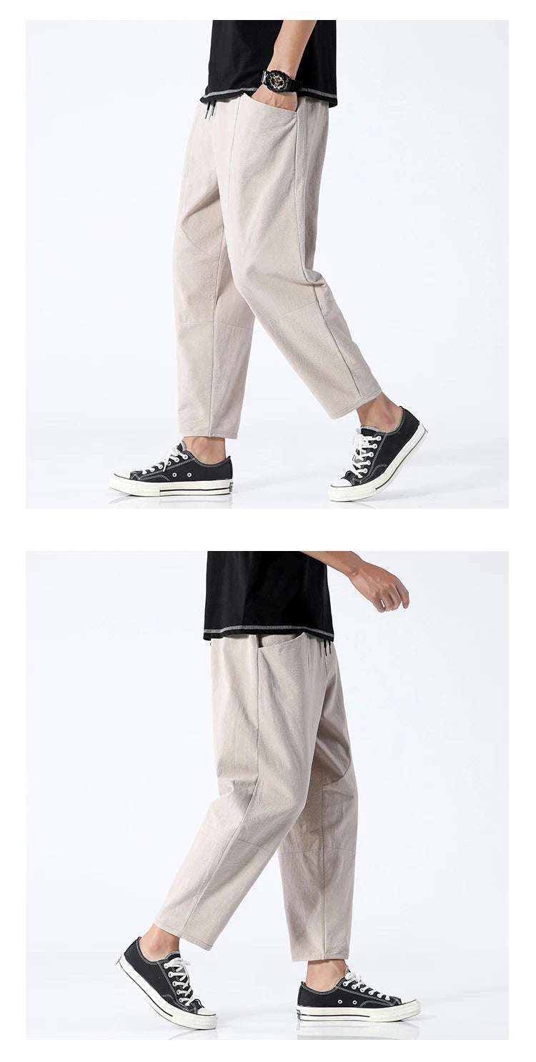 100% Cotton Men's Summer Casual Loose Pants Trendy Japanese Style Cropped Pants for plus Size Men up to 5XL