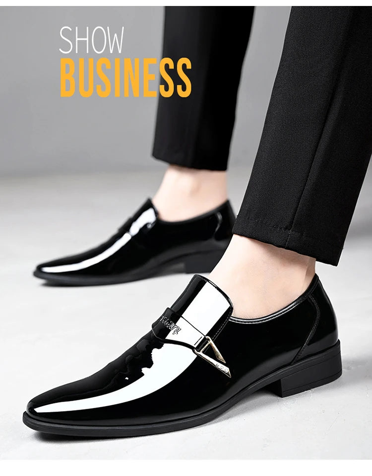 White Leather Shoes for Men 2025 New Patent Leather Business Men Casual Shoes Slip on Party Dress Footwear Pointed Toe Loafers