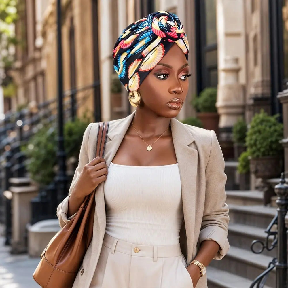 Fashion African Print Hijab Caps Pleated Wrap Twist Knot Turban Hat Elastic Knotted Style Floral Head Wrap All Match Decor
