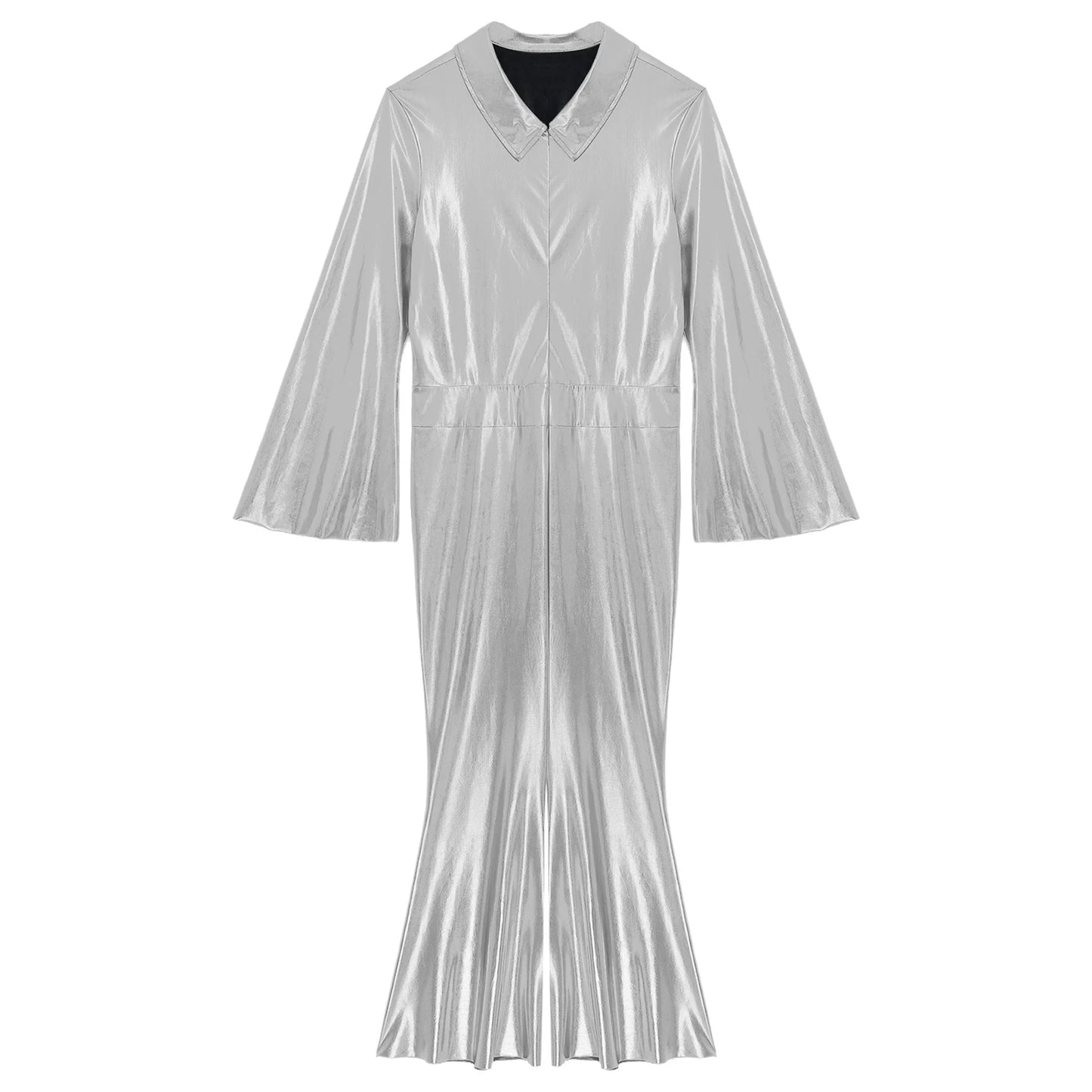 Mens 70s Disco Hippies Jazz Dance Performance Costume Metallic Shiny Unitards Jumpsuit Wide Leg Pants Rompers Vintage Clubwear