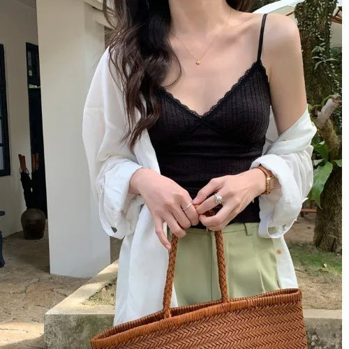 V Neck Ribbed Lace Cami Top Backless Strappy Vest with Built-in Bra Slim Fit Tank Summer Layering Undershirt Sexy Going Out Top