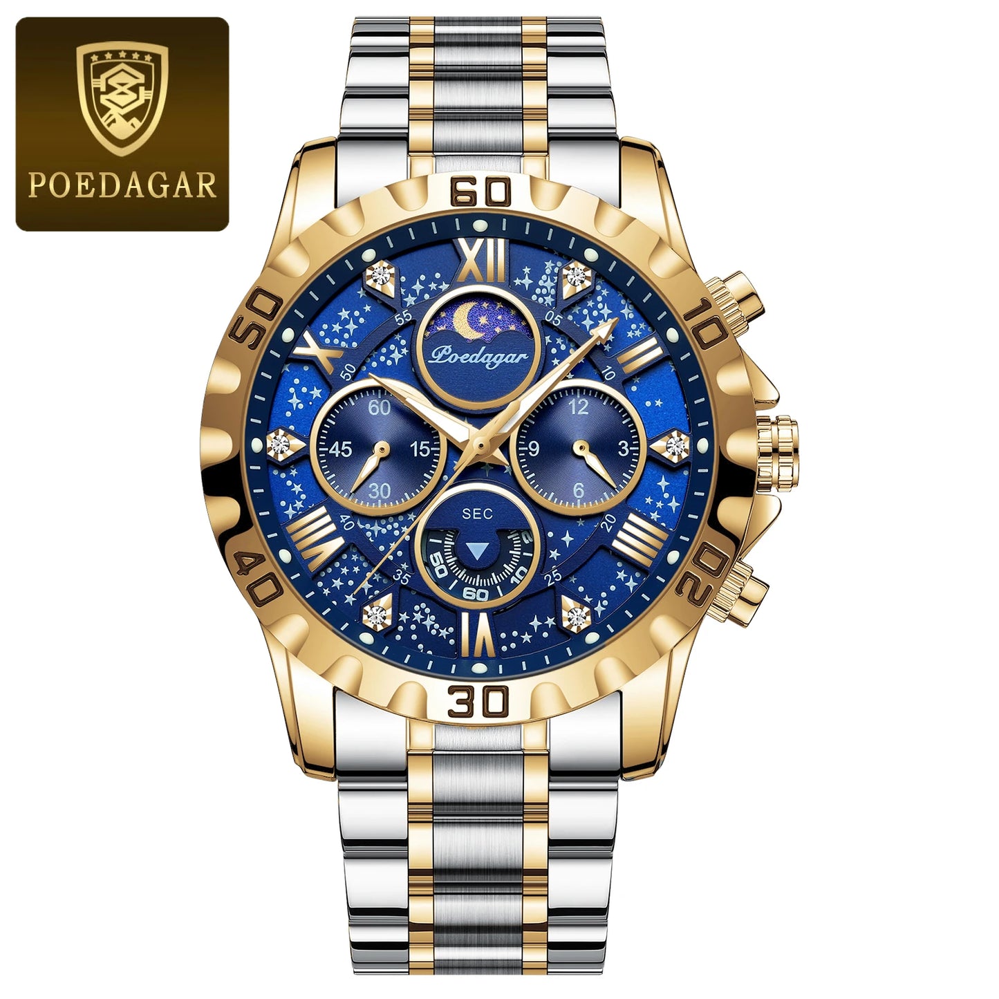 POEDAGAR Trendy Men Watch Chronograph Waterproof Luminous Stainless Steel Man Wristwatch Luxury Business Quartz Watches For Men