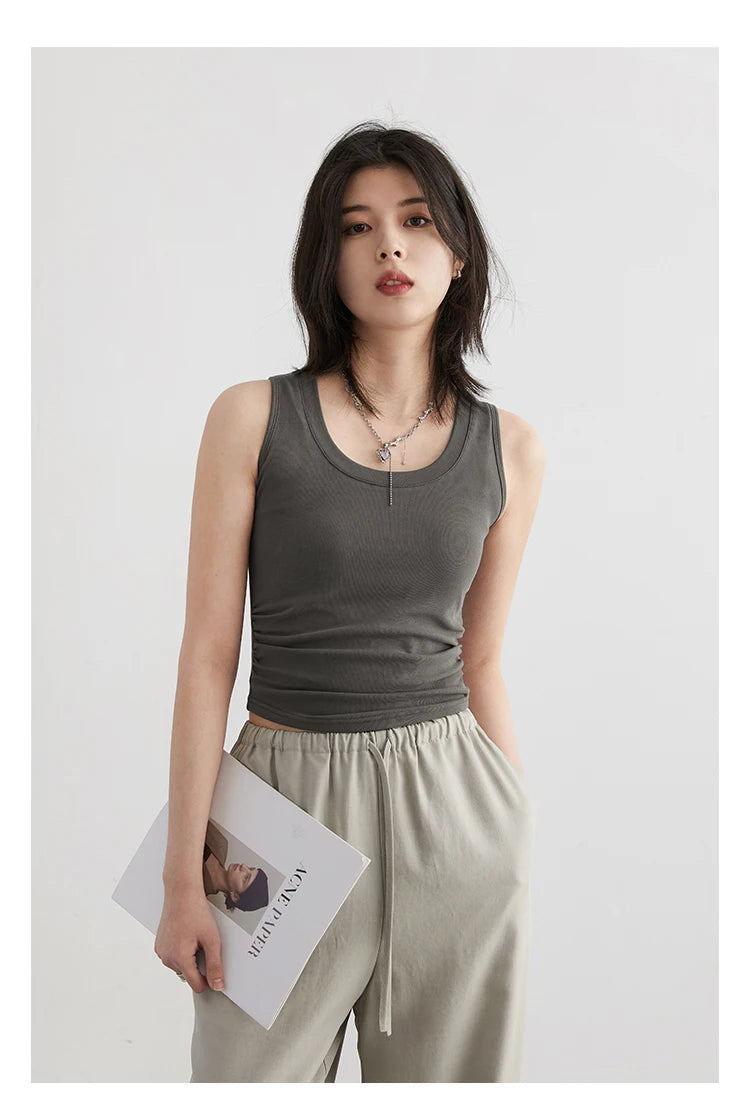 CHIC VEN Women Tanks New Solid Color Tees U-neck Pleated Vest Suspender Sleeveless Slim Female Top Spring Summer 2024