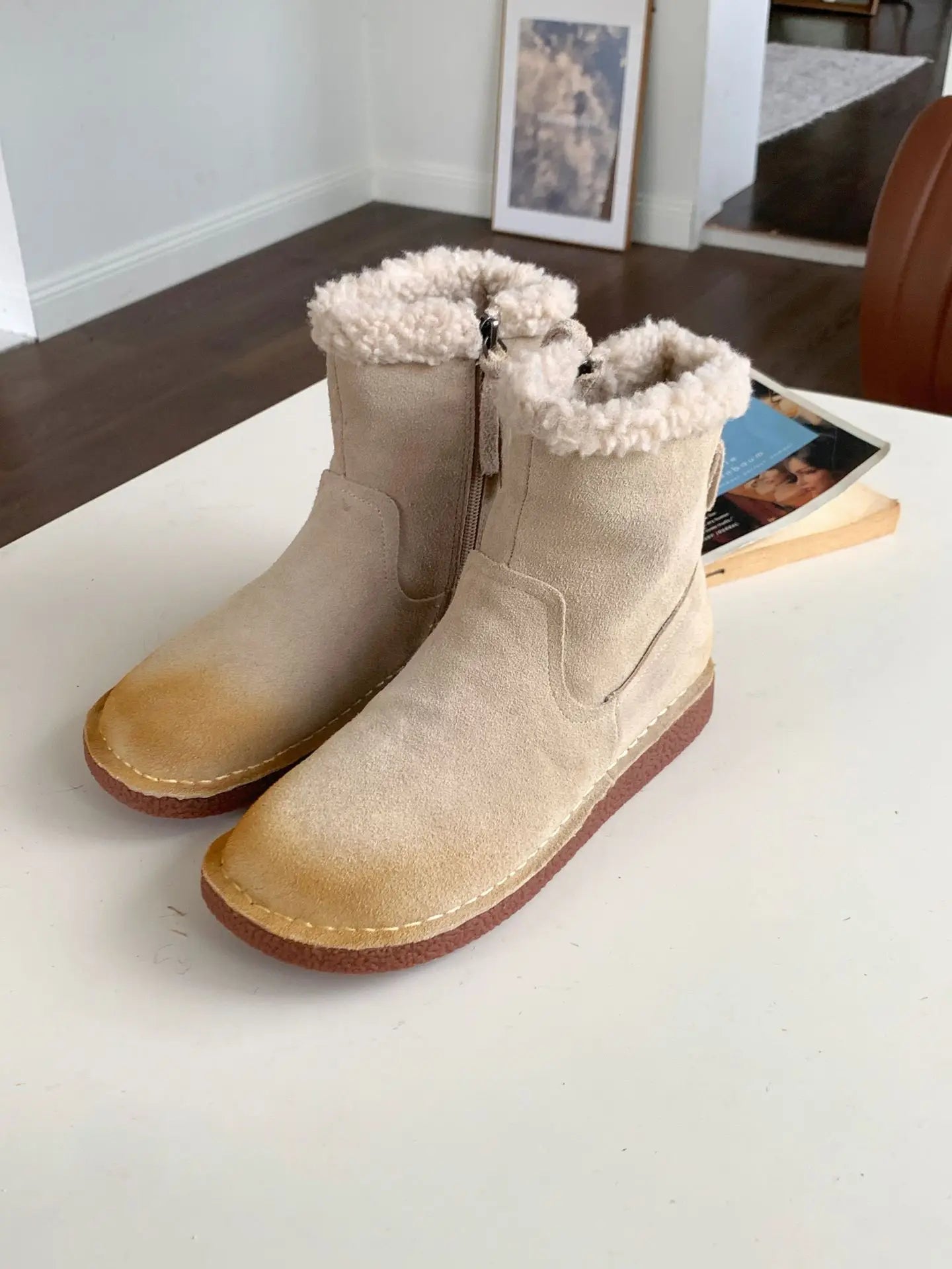Careaymade-Genuine cow leather Snow cotton round head flats woolen short boots plush warm snow boots Oversized shoes size 35-43
