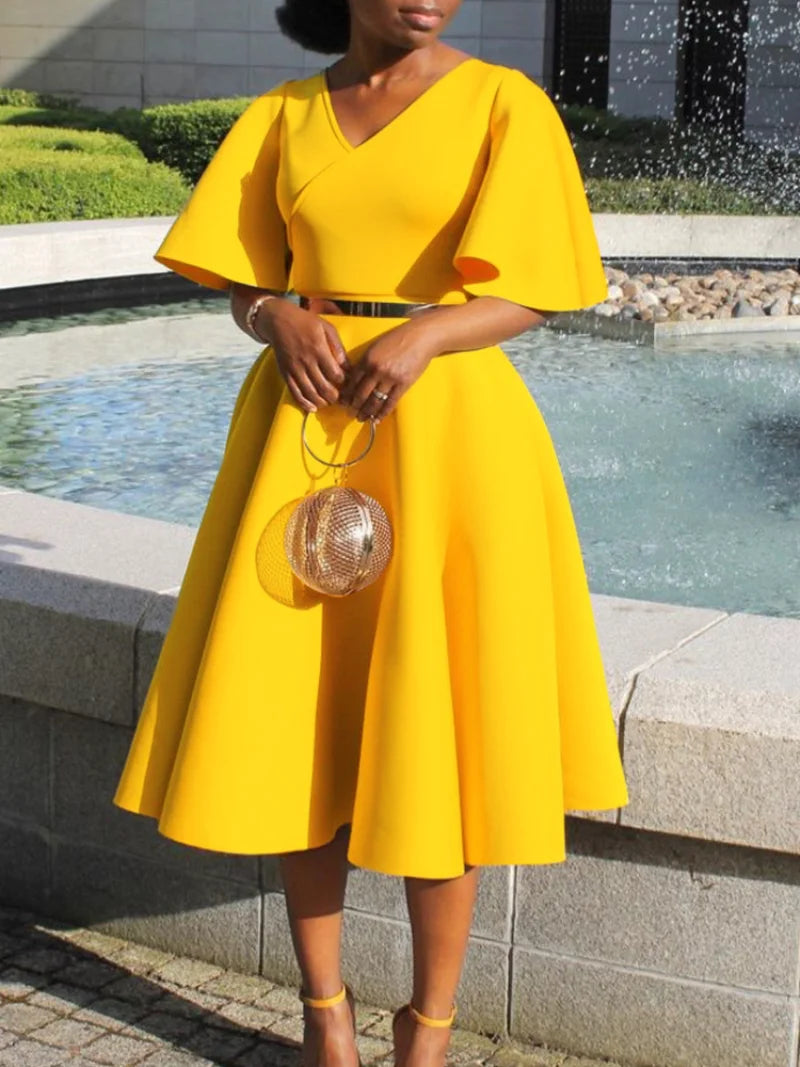 African Elegant A-line Midi Dress For Women Summer Fashion Casual Robe Femmes New Flare Sleeve Club Party Sexy Dresses Vestidos