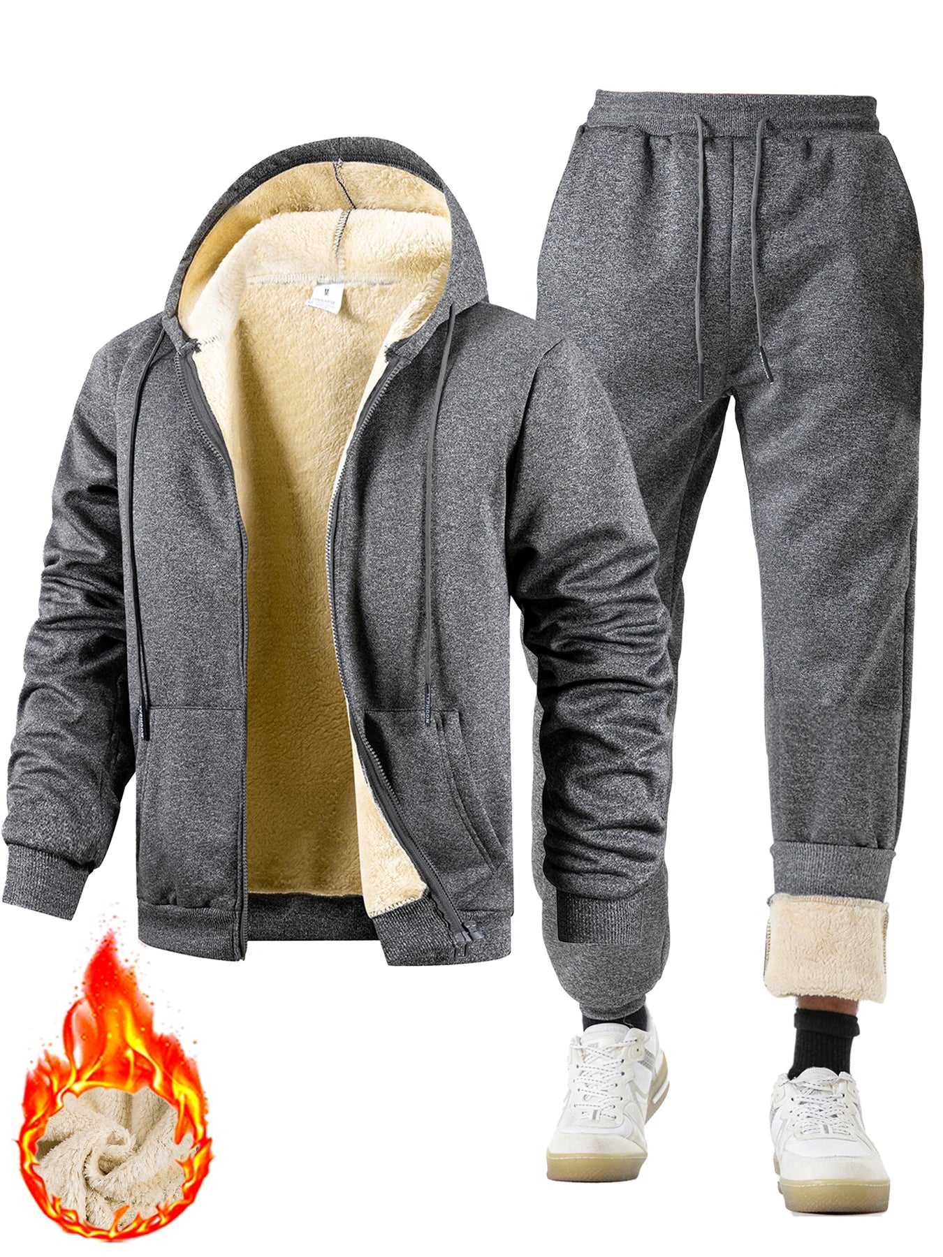 Men Tracksuit Sets Lambswool Thicken Warm Jacket Long Pants Zipper Sweatshirt Coat Trousers Outdoor Casual Fleece Sportswear