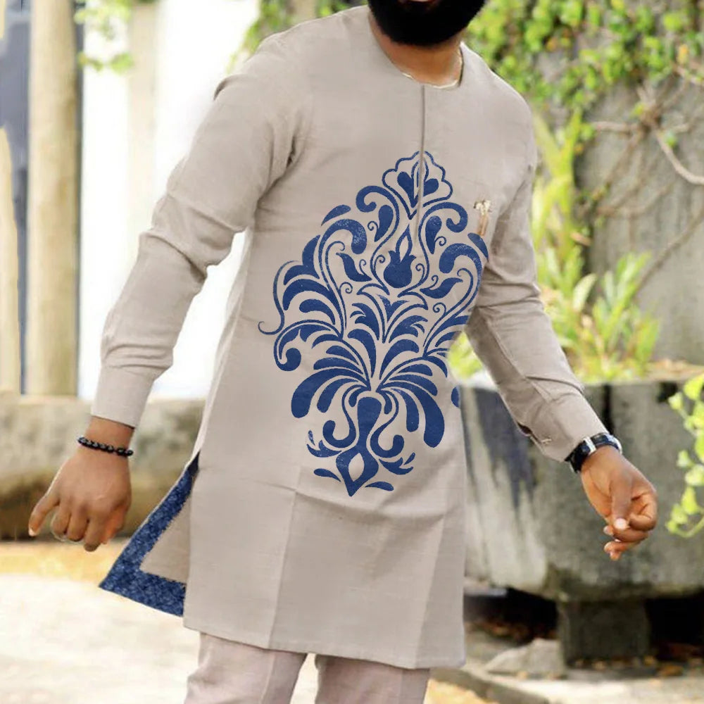 African Traditional Man Outfit Men 2PCS Suits Long-sleeved Round Neck Male Sets Shirt Top Pant Ethnic Style Casual Wear clothing
