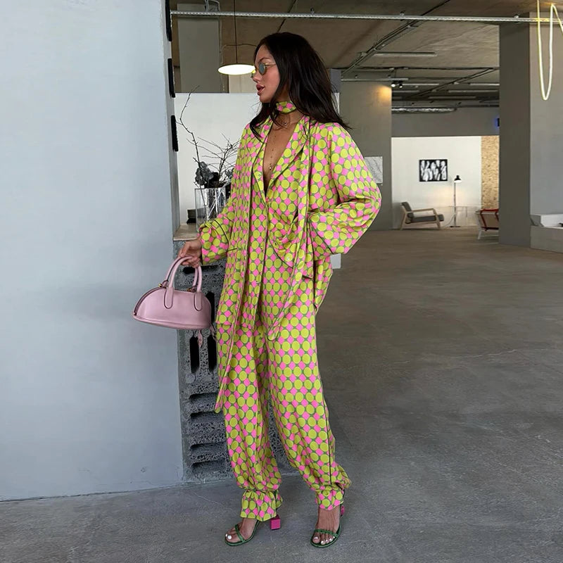 Casual Plaid Women's Blazer Pant Suits Scarf Collar Long Sleeve Button Shirt Pleated Wide Leg Trousers 2026 Summer Female Set