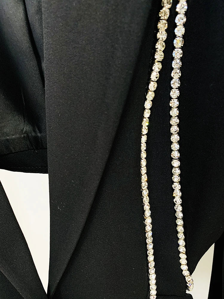 HIGH STREET Newest Fashion 2026 Designer Suit Set Women's Single Button Hollow Out Diamonds Beaded Blazer Flare Pants Set