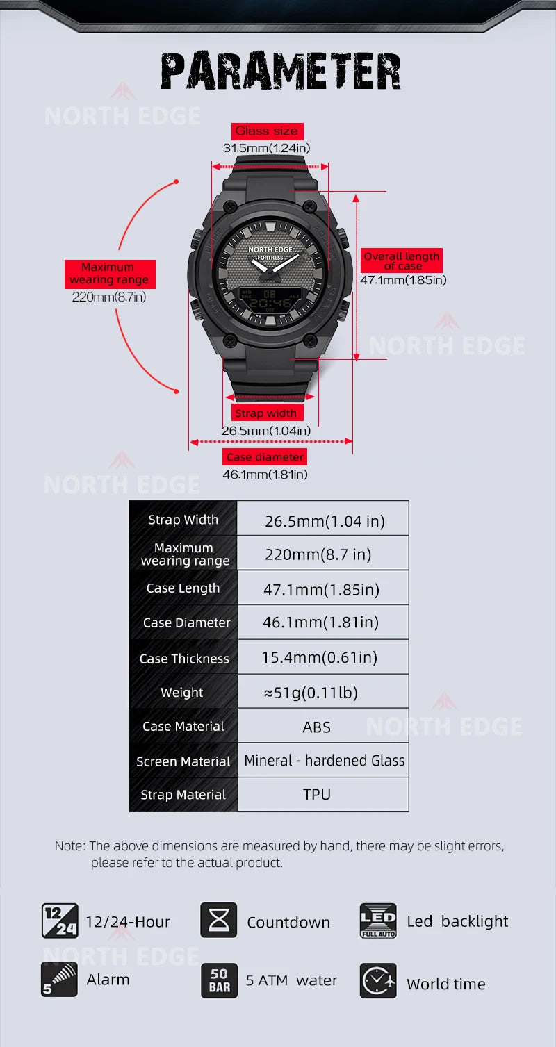 NORTH EDGE FORTRESS 2026 Men's Military Digital Watch Outdoor Sports Waterproof 50M Watches World Time Countdown LED Wristwatch