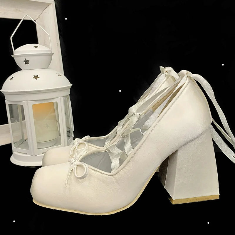 2025 Minuet Pink Mary Jane High Heels Lolita Thick Heel Satin Ribbon Ballet Sandals For Women Pumps