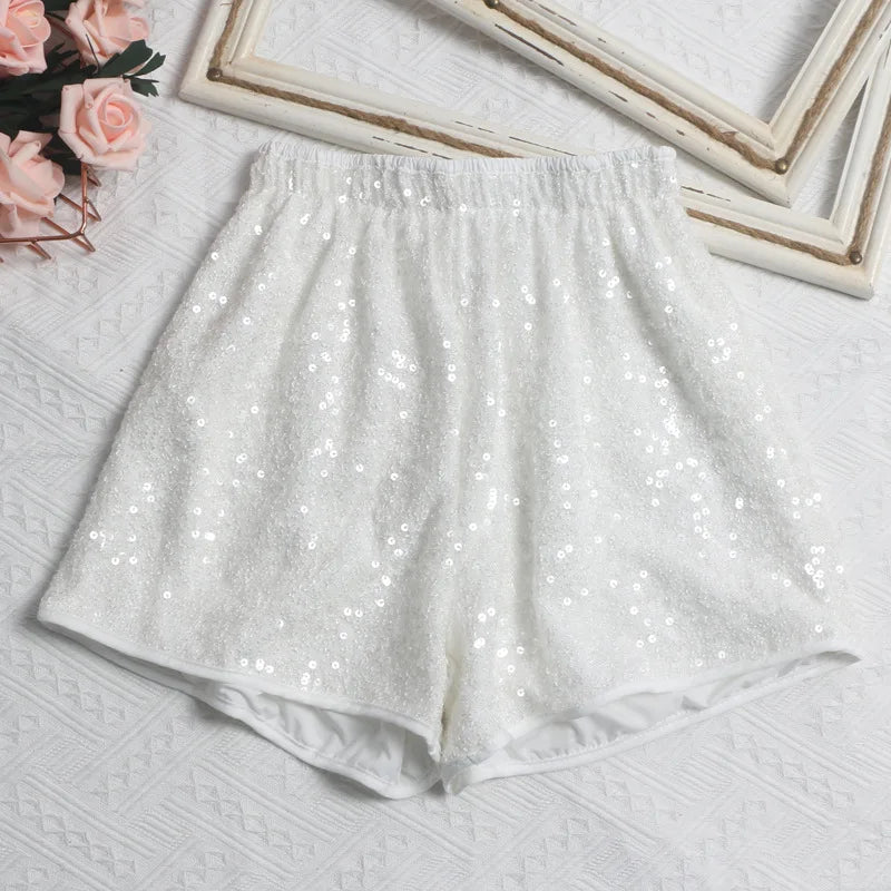 Women's Sexy Sequined Shorts High-waisted Wide-leg Pants Elastic-waisted Casual Hot Pants