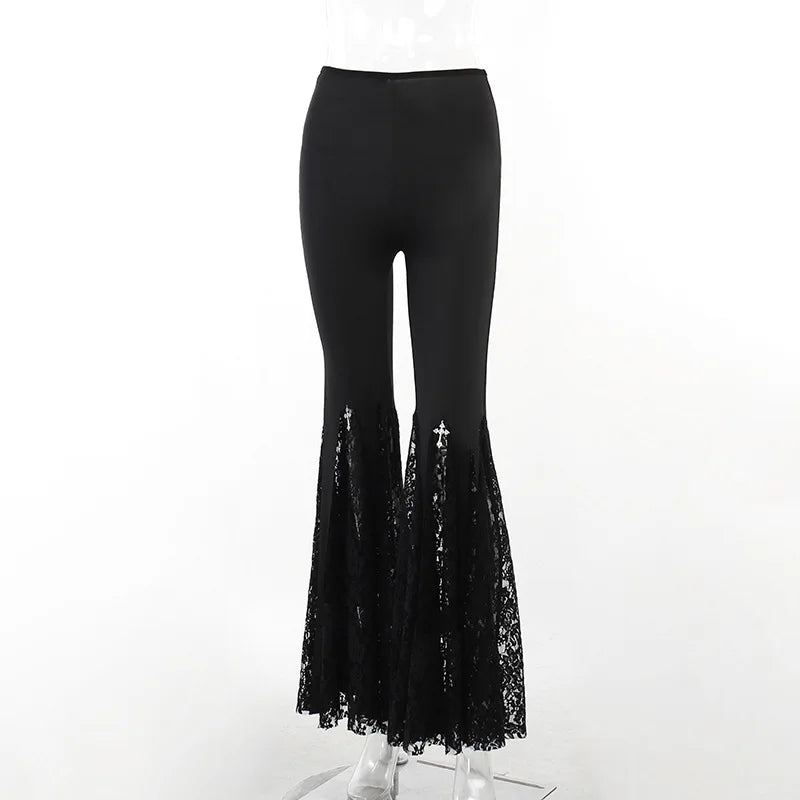 Goth Mall Flare Pants Sexy Black Lace Patchwork High Waist Vintage Harajuku Hippie Punk Grunge Streetwear  Y2k Pants