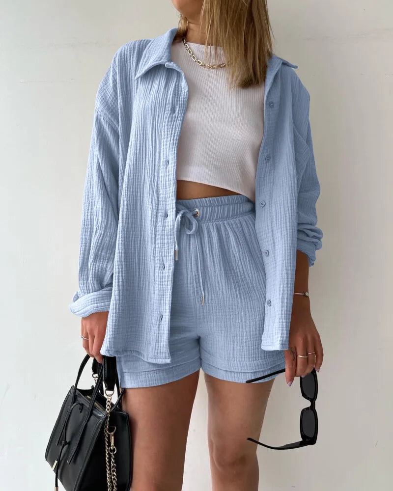 Casual Sleepwear 100% Cotton Pajamas For Women Sets Suit Turn-Down Collar Nine Quarter Sleeve Sleep Tops Shorts Female Homewear