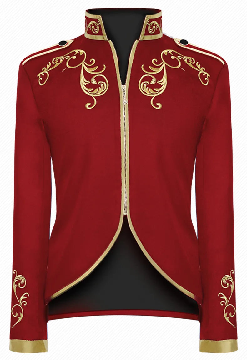 British Style Men Standing Collar Embroidered Suit Jacket Red / Blue Fashion Male Wedding Dance Party Patchwork Dress Coats