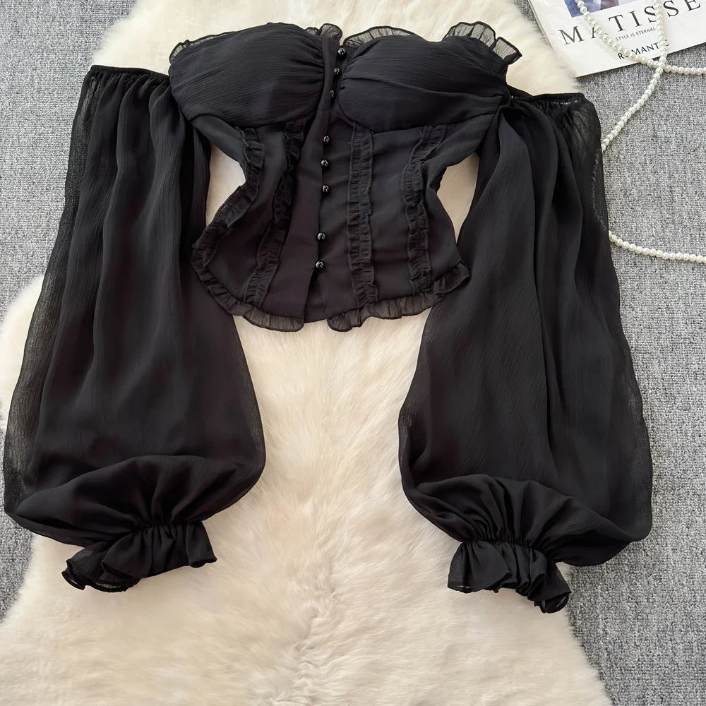 Chiffon Blouse for Women Slash Neck Off Shoulder Solid Color Camisas Ruffles Folds Backless Summer Blusas De Mujer Chic Dropship