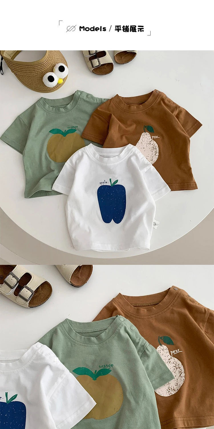 Fashion Baby Fruit Printed Short Sleeve Top Kids Girls Casual Cotton T-shirt Korean Boys' Round Neck Versatile Clothes
