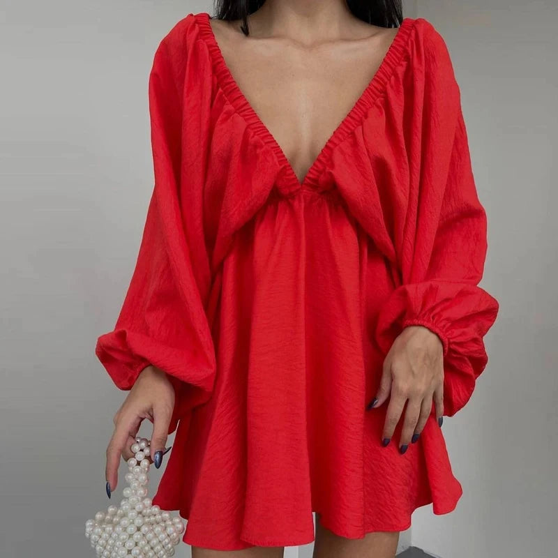 NHKDSASA Women Elegant Solid Loose Dress Summer Casual Long Sleeve Ruffle Dress Ladies Fashion V Neck A-line Party Dress Vestido
