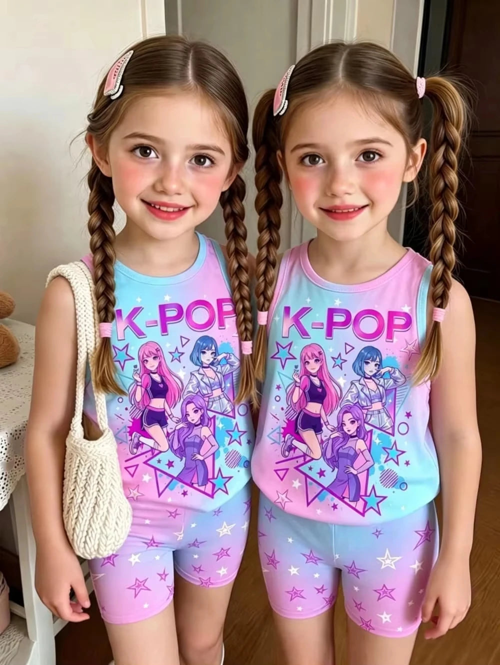 Kids Clothes Girls 2-Piece K-Pop Star Print Tank Top T-Shirt & Shorts Set Casual Streetwear Summer Daily Outfit Girls Clothes