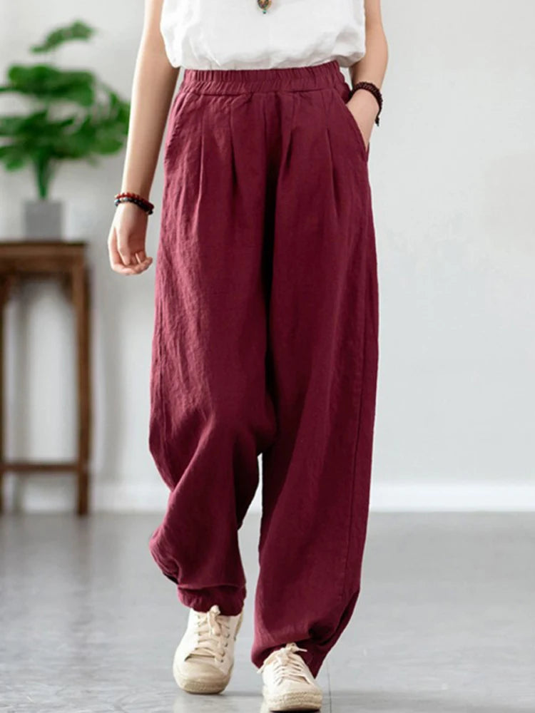 Johnature Women Loose Cotton Linen Casual Pants Solid Color Elastic Waist Lantern Pants 2025 Spring New Female Trousers