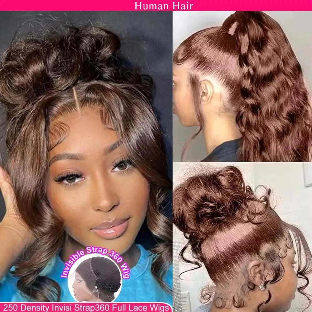 Invisi Strap 360 Full HD Lace Wig 250 Density Glueless Human Hair Wig Chocolate Brown Lace Front Wig Body Wave Frontal Wig