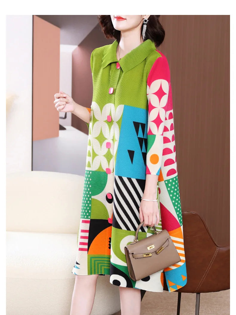 Miyake Pleated Dress Women 2024 Spring New High-End Design Sense Printing Lapel 3/4 Sleeve Single-breasted Fashion Shirt Dresses