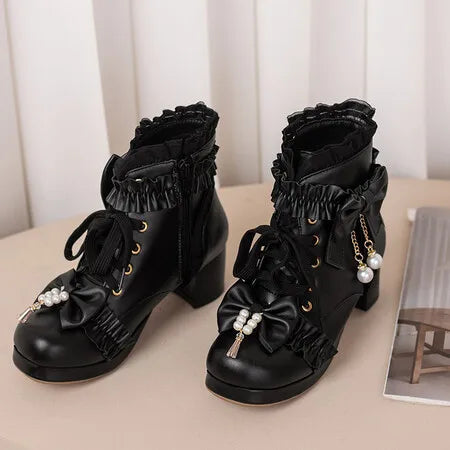 Lolita Great Quality Block High Heels Women Ankle Boots White Shoes Lace Decor Lace Up Chunky Heeled Bow Boots for Women Verclo