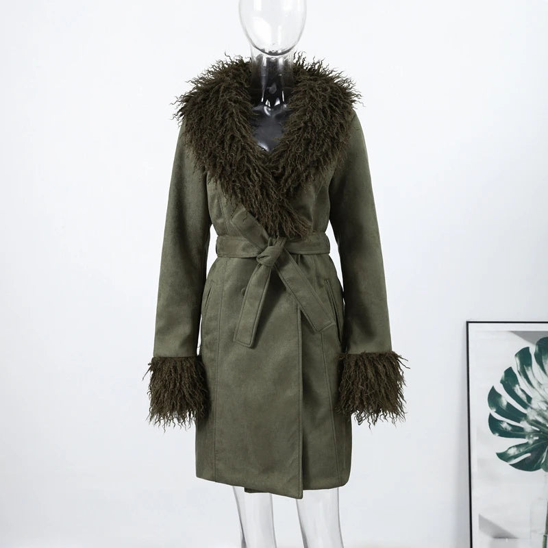 Vintage Patchwork Women's Faux Fur Trim Coat Urban Lapel Full Sleeve Female Jacket Female 2026 Autumn Winter Lady Streetwear New