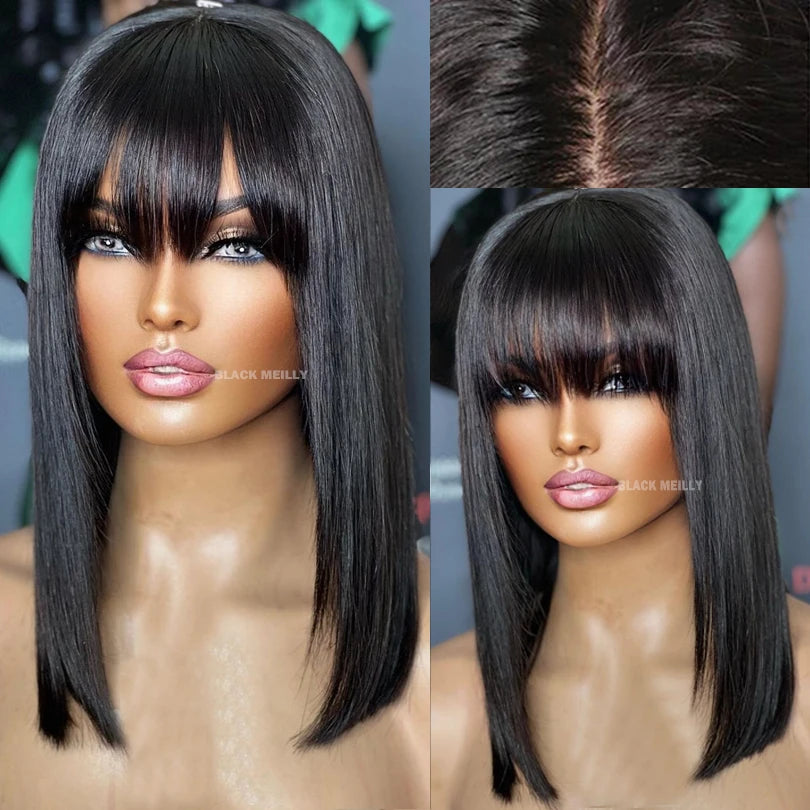 14inch Straight Bob Wig with Bangs Human Hair Realistic Transparent Silk Base Full Lace Short Black Bob Wigs Blunt Cut Bob Wig