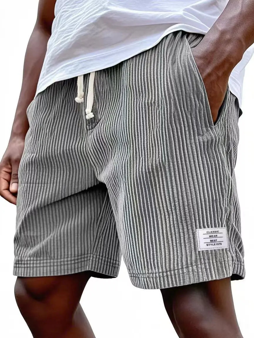 Men's Workwear Shorts Summer Casual Corduroy Loose Elastic Waist Multi-Pocket Leisure Pants Embroidery Retro Style Male Trousers