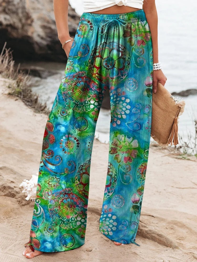 2025 New Women's Drawstring Relaxed-Fit Casual Pants 3D Floral Print Comfortable Breathable Fashionable Wide-Leg Pants