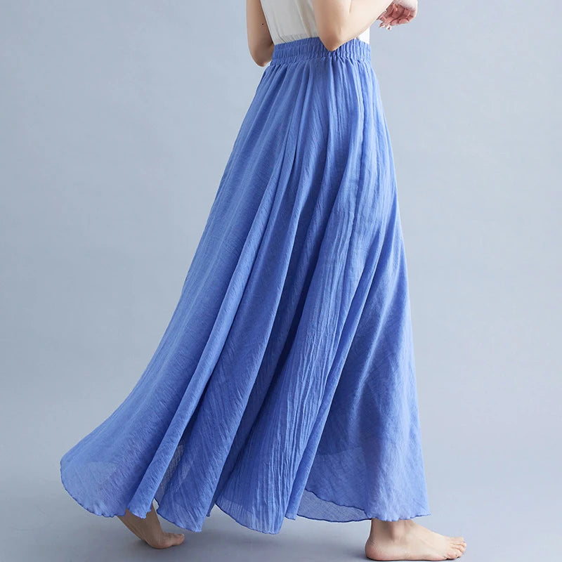 New 2020 Women Linen Cotton Long Elastic Waist Pleated Maxi Skirt Beach Vintage
