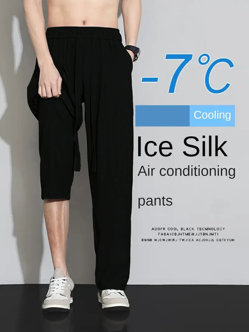 Summer New Arrival Men's Ice Silk Wide Leg Pants - Black Lightweight Breathable Quick-Dry Long Trousers (Cross-Border Exclusive)