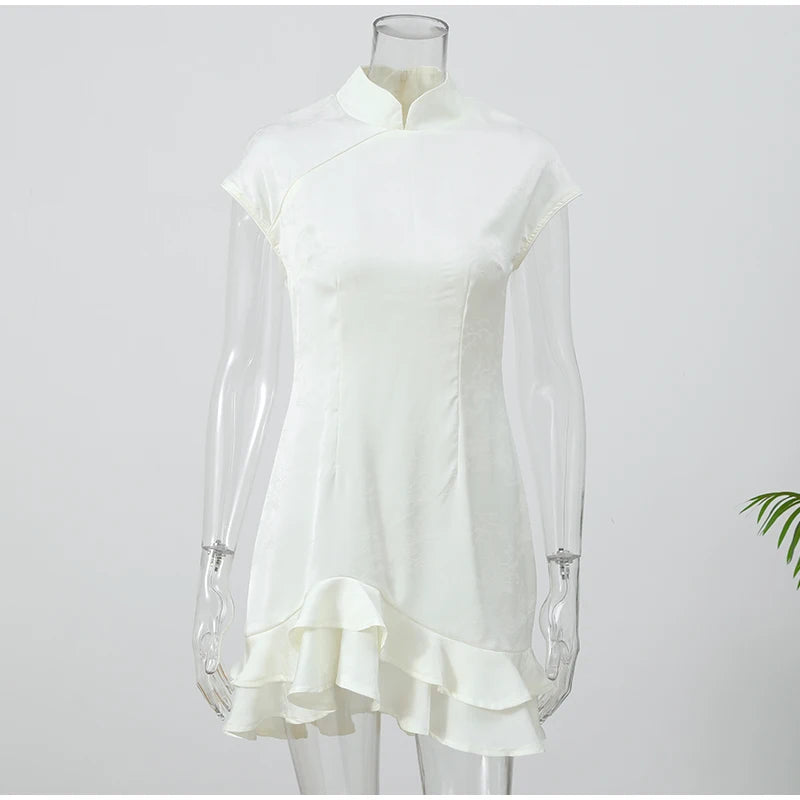 Lady Solid Satin Mini Dress Women Short Sleeve Stand Collar Patchwork Ruffle Draped Dresses Party Dinner Vestido 2026 Elegant