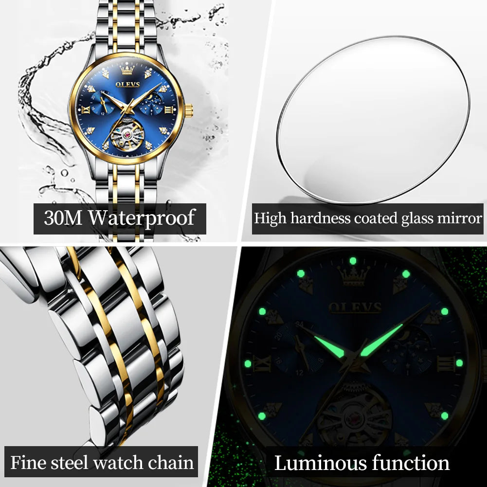 OLEVS 6608 Women Watch Original New Luxury Watch Stainless Steel Automatic Mechanical Diamond Scale Waterproof Watches For Women