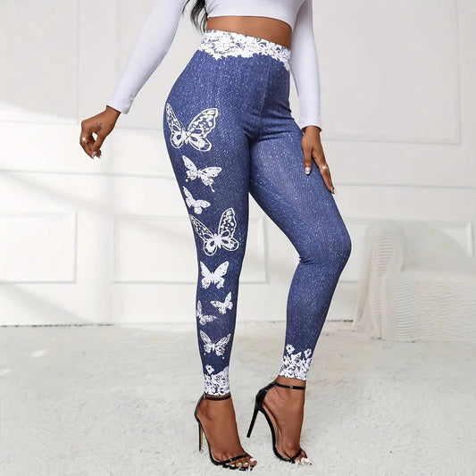 Fashionable new butterfly lace printed tight fitting imitation denim leggings