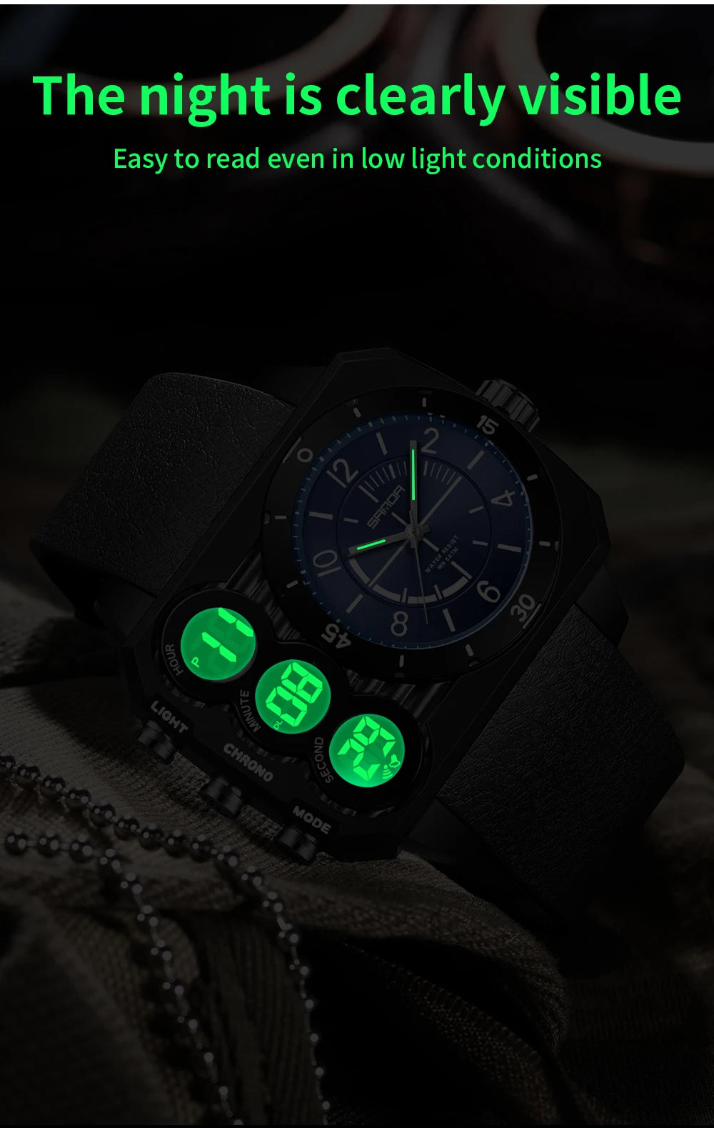 SANDA Men Watch Square Big Dial Waterproof Double Display Wristwatch Man Chronograph Digital Clock Men's Military Quartz Watches