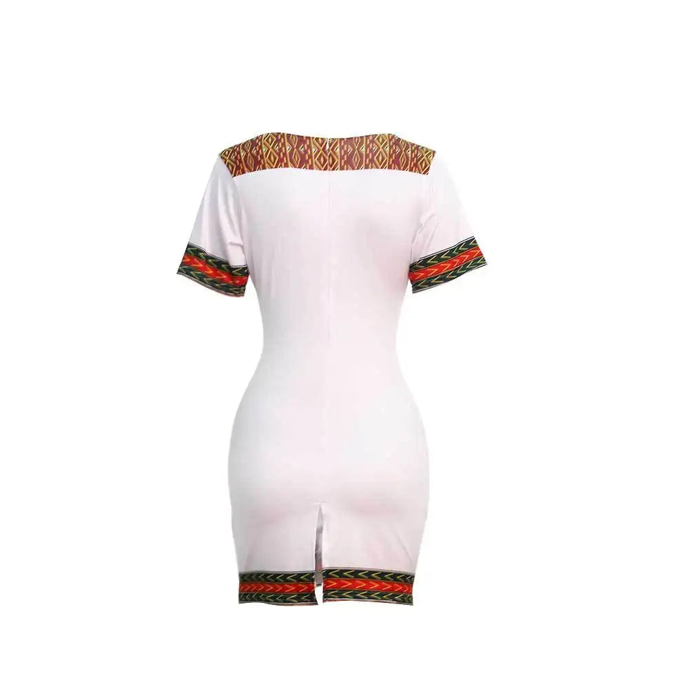 African Dresses for Women Summer 2022 Fashion Style African Women Short Sleeve V-neck Polyester Knee-length Dress
