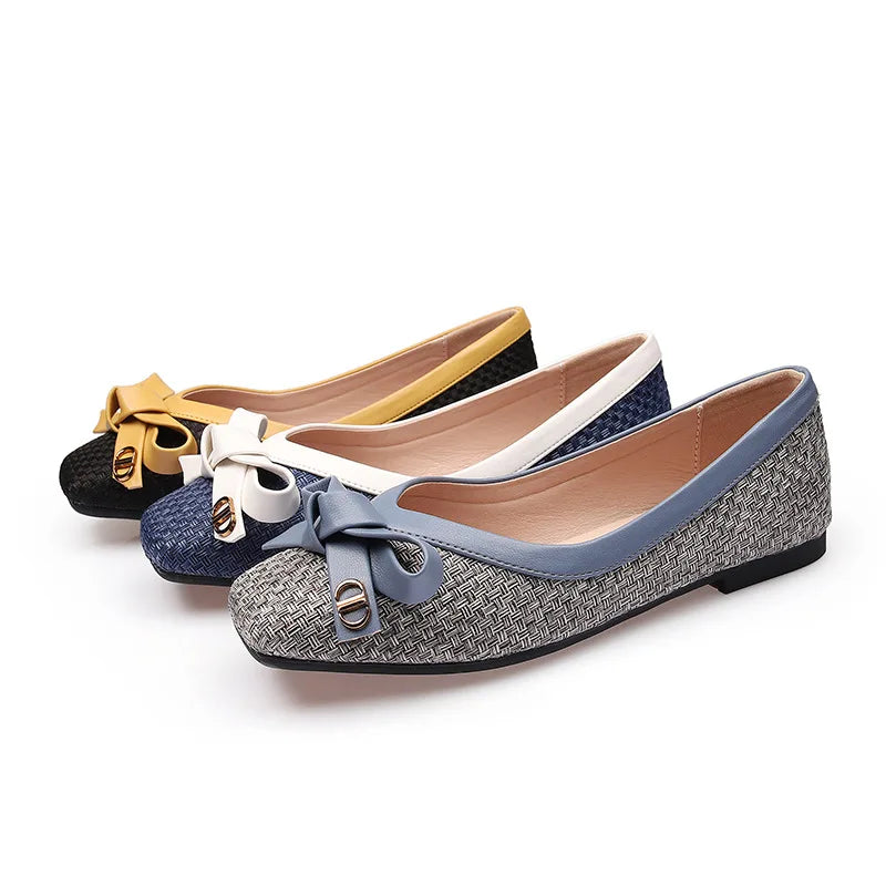 Women's Shoes 2025 New Woven Bow Square Toe Women's Ballet Flats Female Soft Sole Large Fashion Women's Shoes Chaussure Femme